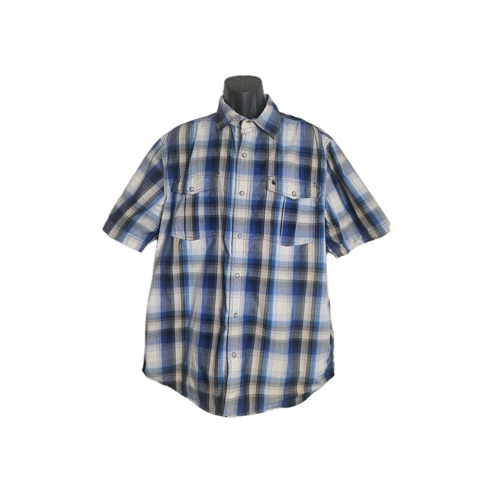 Carthartt Pearl Snap Blue Plaid  Button Down Short Sleeve Shirt Size Large